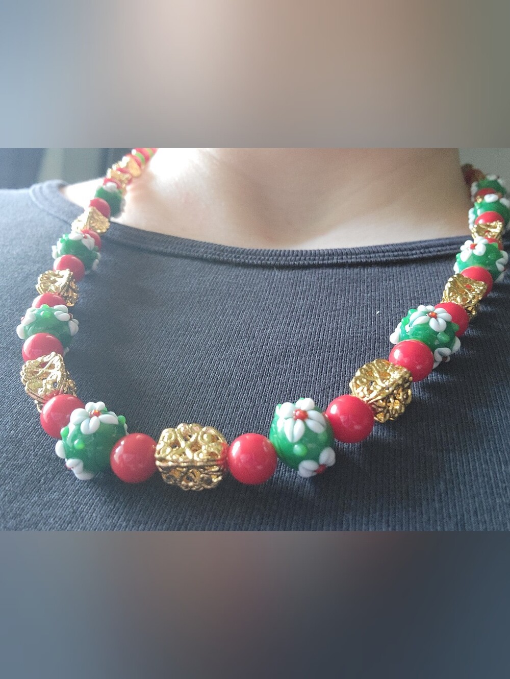 Artisan Necklace W/ Clasp, Extension Chain, Green Millefiore, Gold Plated Beads